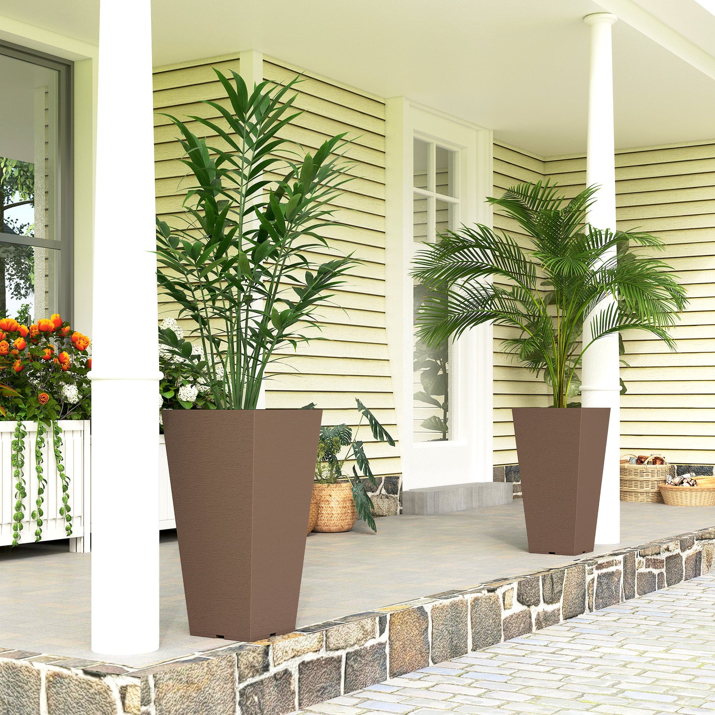 Tall Outdoor Plant Pots Set of 2 - Brown Plastic Flower Planters for Garden & Patio