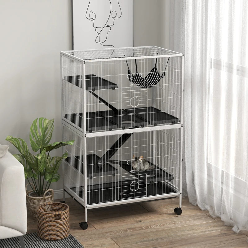 Small Animal Cage with Hammock - 4 Doors, Removable Tray, White