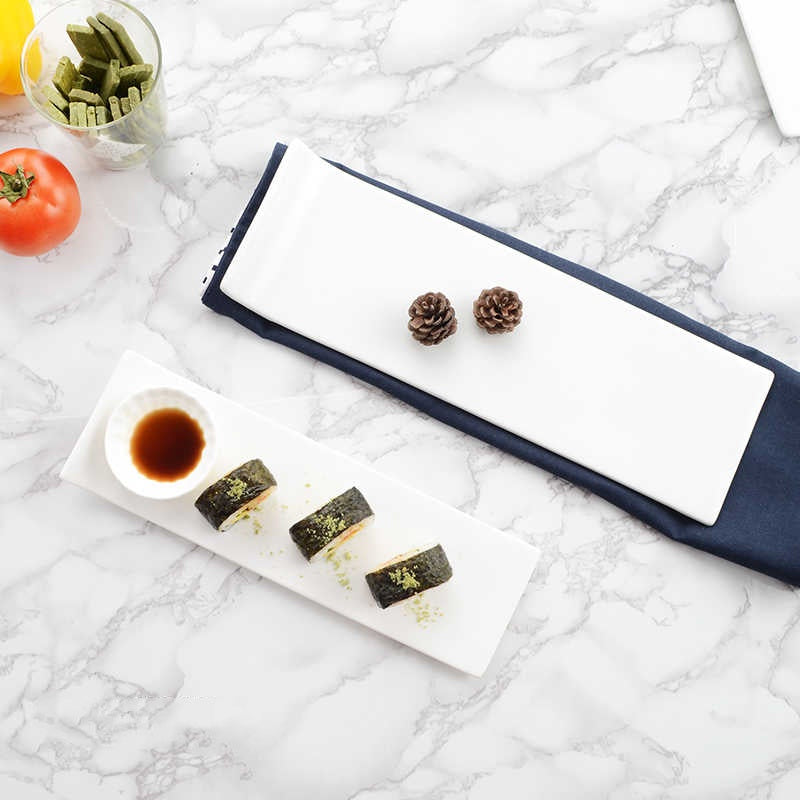 White Ceramic Rectangular Sushi Plate - Flat Dinnerware in Multiple Sizes