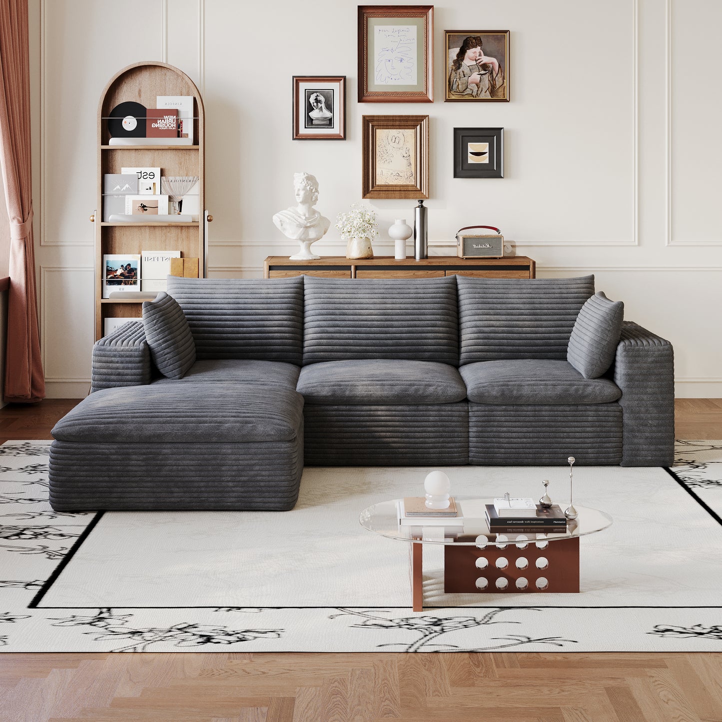 102" Cloud Sofa - Deep Seat Corduroy Fabric, Removable Cushion, Dark Grey