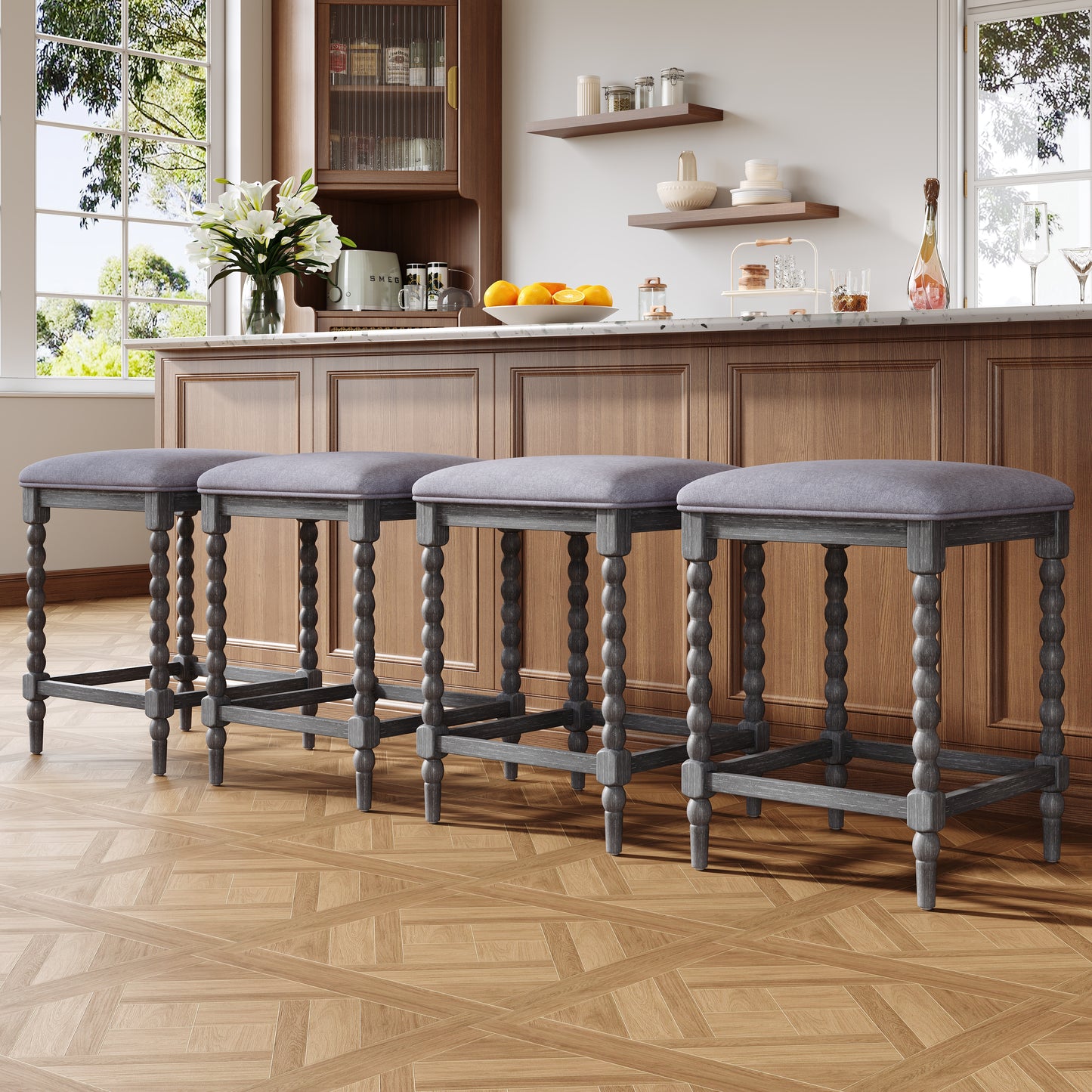 26Counter Stools,Set Of 4 With Upholstered Seat, Solid Acacia Wood