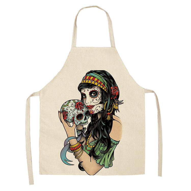 Cotton and Linen Skull Apron - Modern Kitchen Cooking Tool, 68x55cm