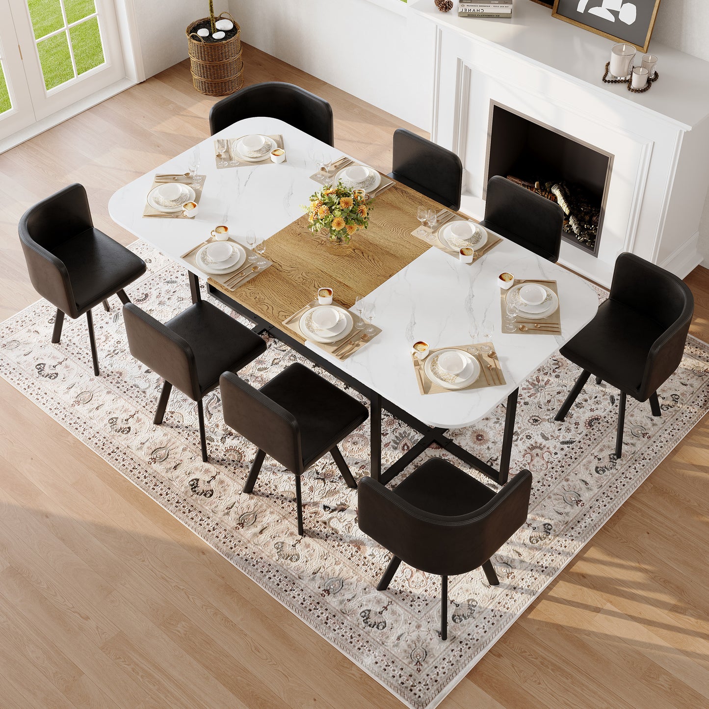 9-Piece Square Dining Table Set, Fixed White Faux Marble & Wood Grain