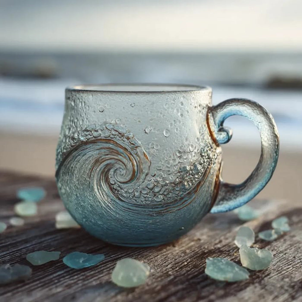 Handmade Sea Glass Wave Cup - Unique Ocean Wave Design, 12 oz