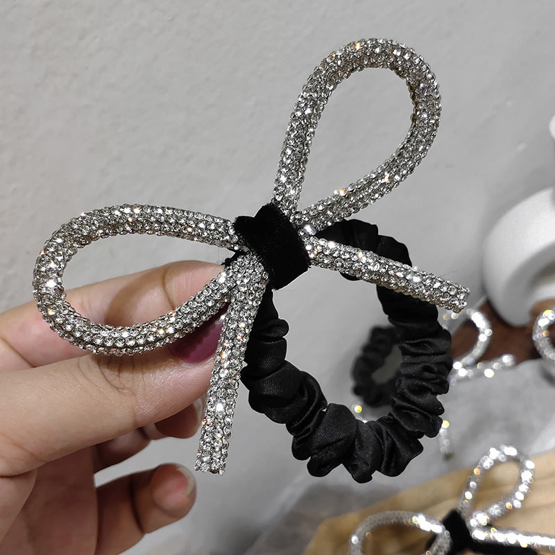 Shiny Diamond Bow Hair Tie - Silver