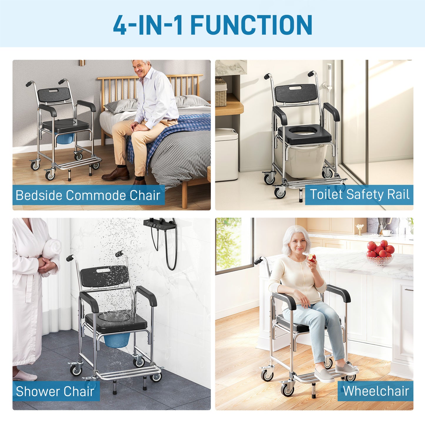 3-in-1 Shower Commode Wheelchair - Black Medical Rolling Chair