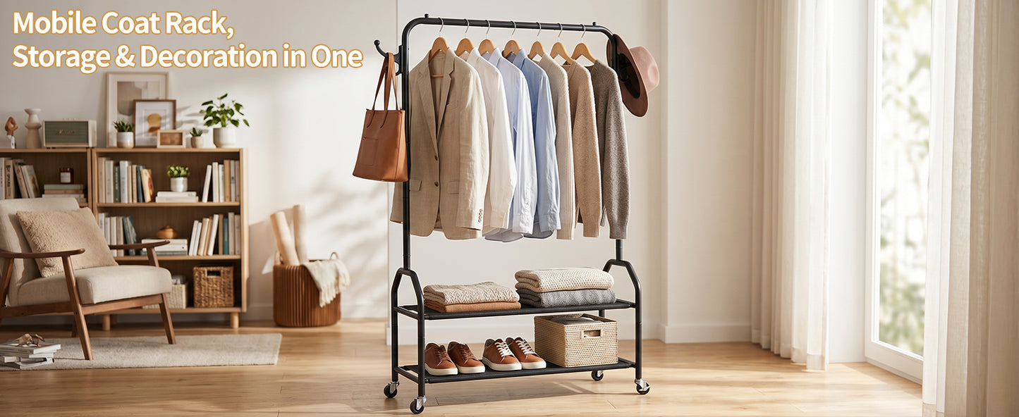 Rolling Clothes Rack with 2 Tier Shelves - Black