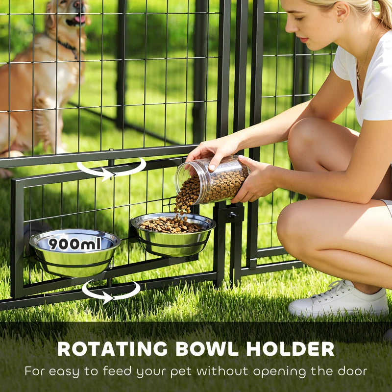 Outdoor Dog Kennel with Rotating Bowls, Waterproof Cover, Silver - Large Pet Run