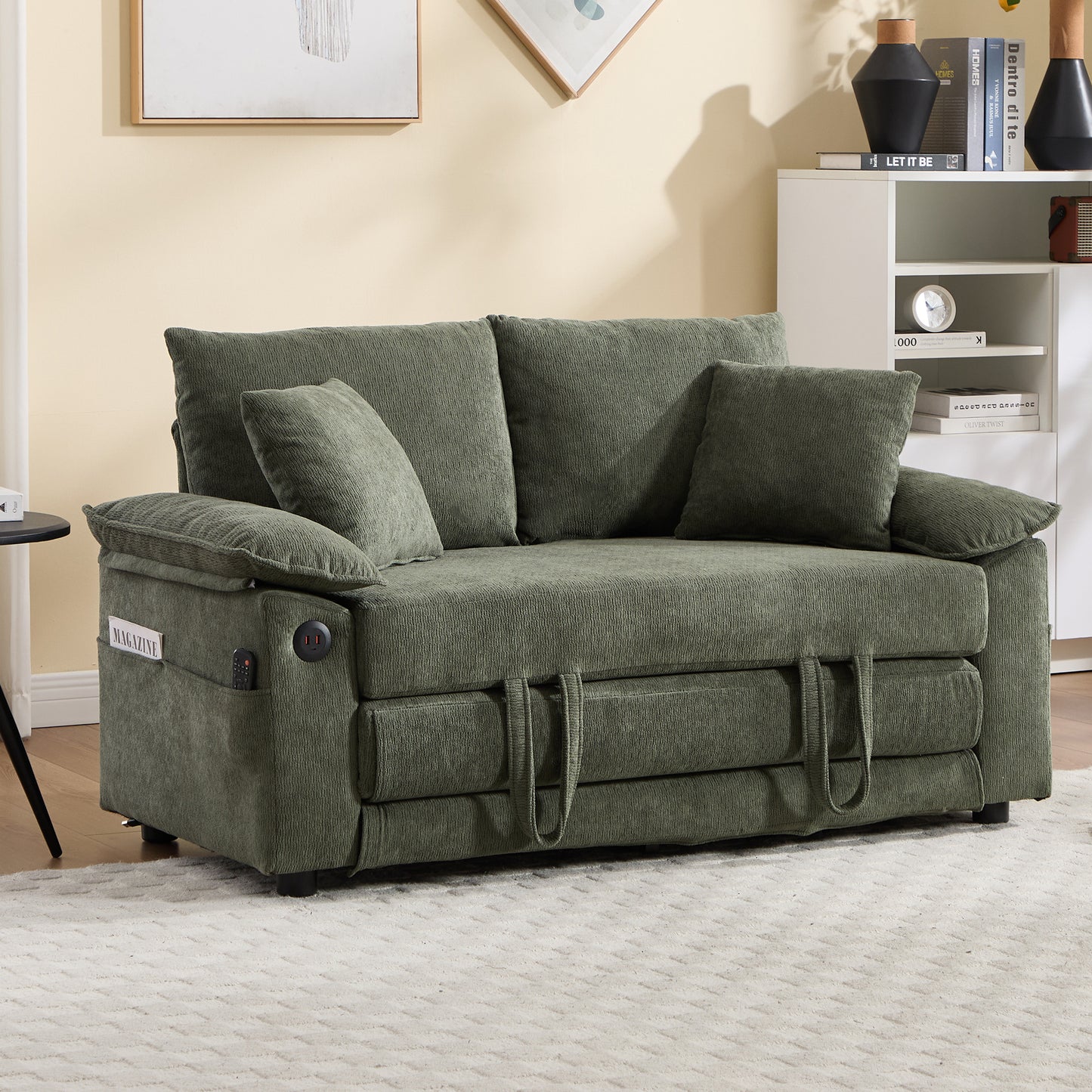 58-Inch Convertible Futon Sofa Bed with Side Pockets - Green