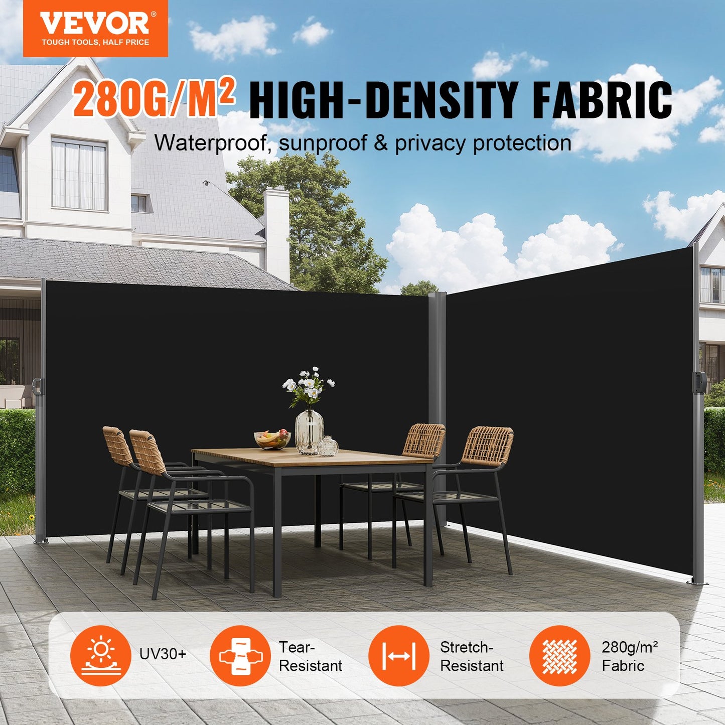 Black Retractable Patio Wind Screen - Aluminum Privacy Divider for Garden & Pool