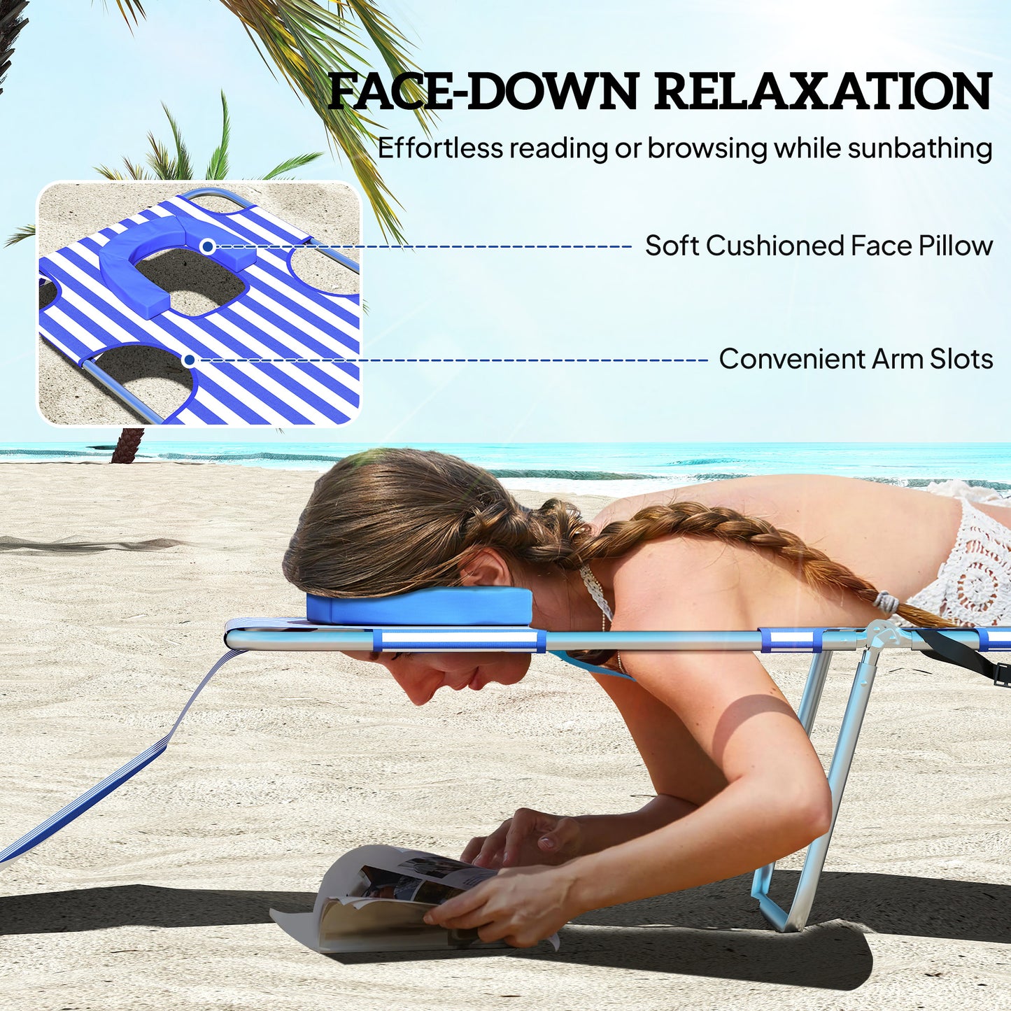 Adjustable Folding Chaise Lounge Chairs - Set of 2, Blue Stripe