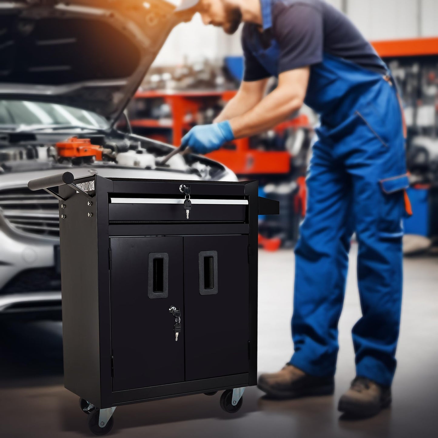 Steel Tool Chest with Drawer and Lockable Doors - Mobile Workstation