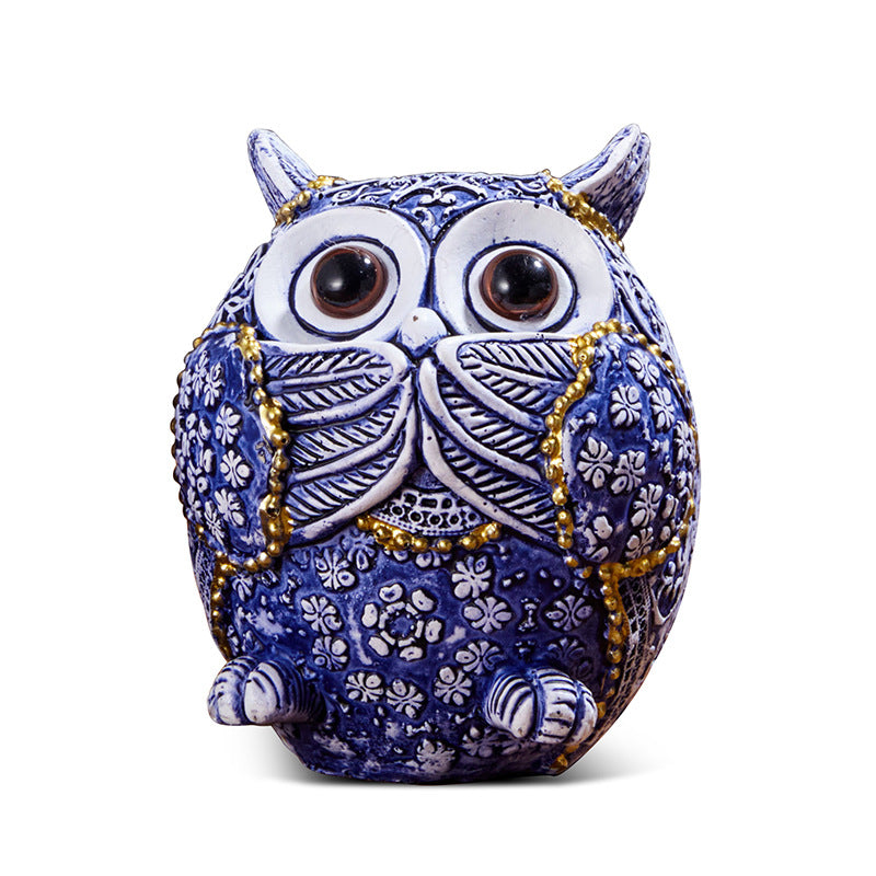 Blue and White Owl Resin Ornaments - Home Decor Garden Accents