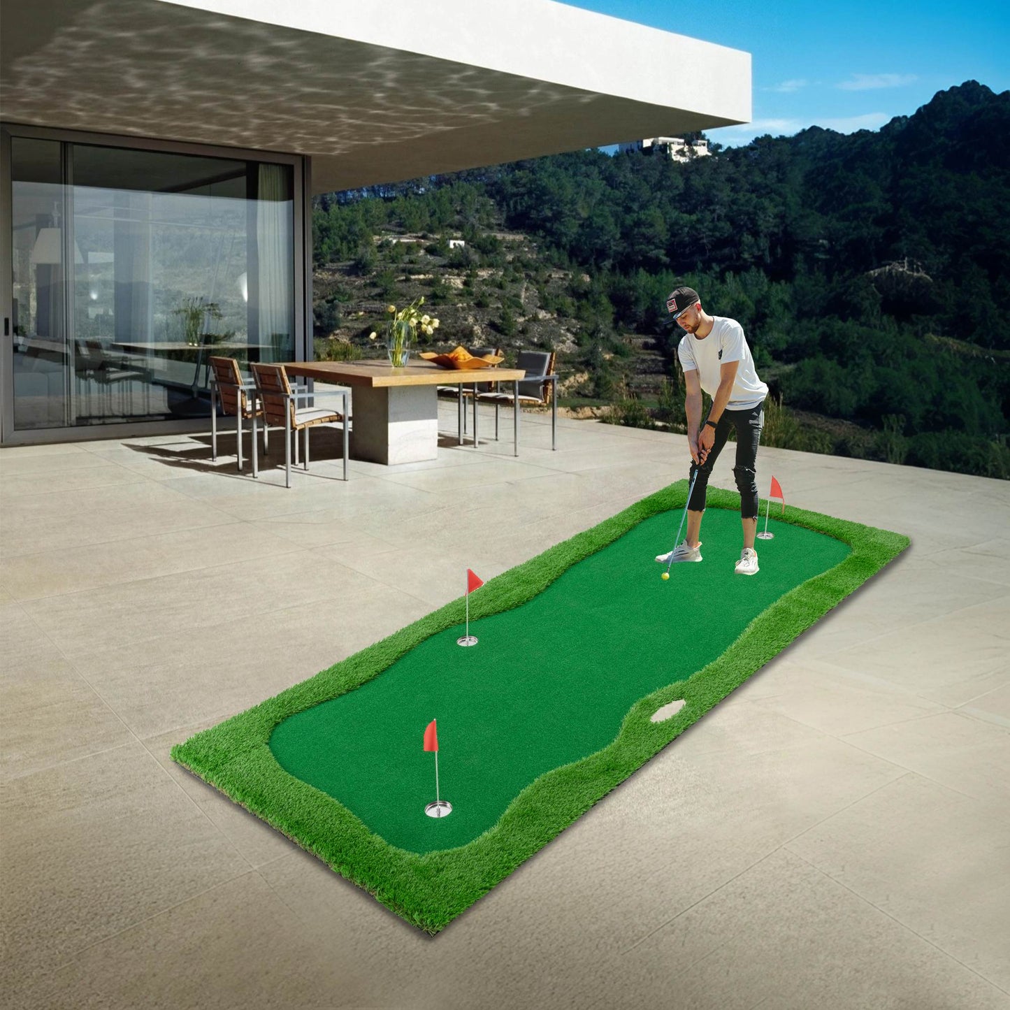 Golf Putting Green Mat - 10x5 FT with 3 Holes and Flags