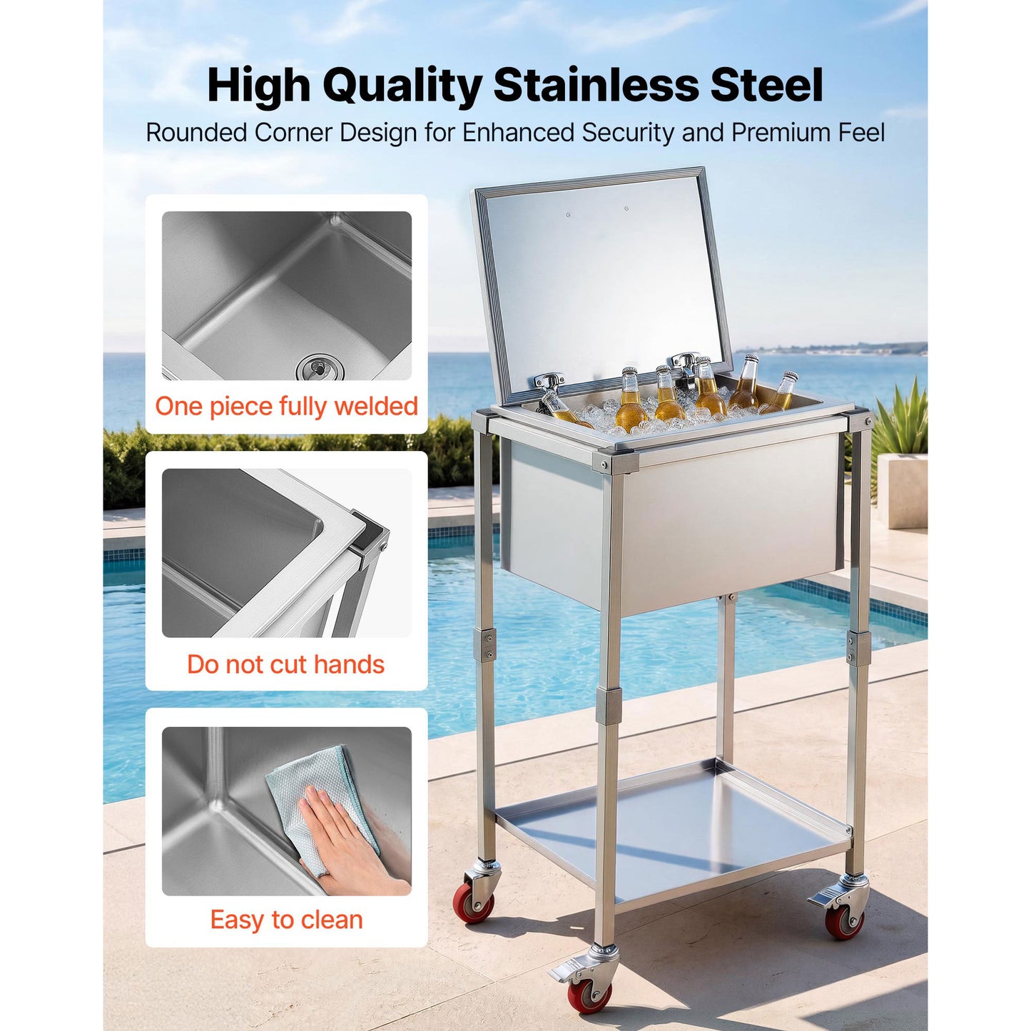 Stainless Steel Ice Chest Cooler Cart 57.7 Quart Outdoor Trolley with Wheels & Flip Lid
