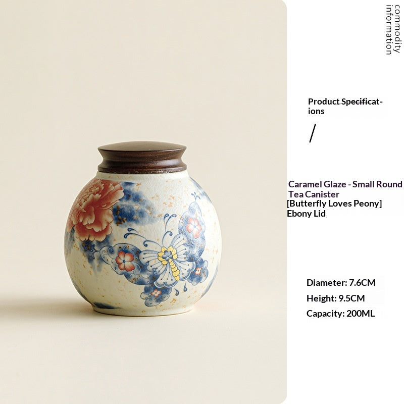 Antique-Style Small Ceramic Tea Canister with Peacock and Peony Design - Airtight Food Storage Jar