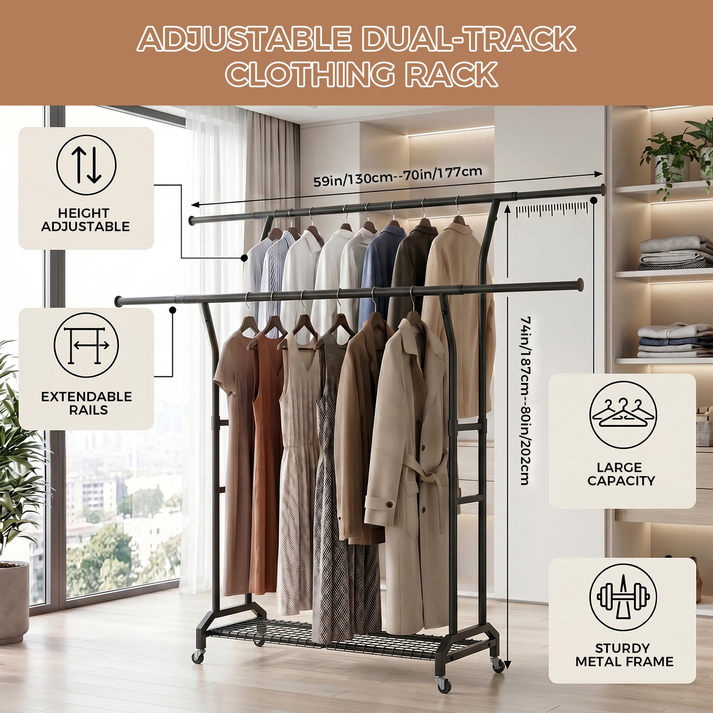 Height Adjustable Heavy Duty Metal Garment Rack with Double Rods