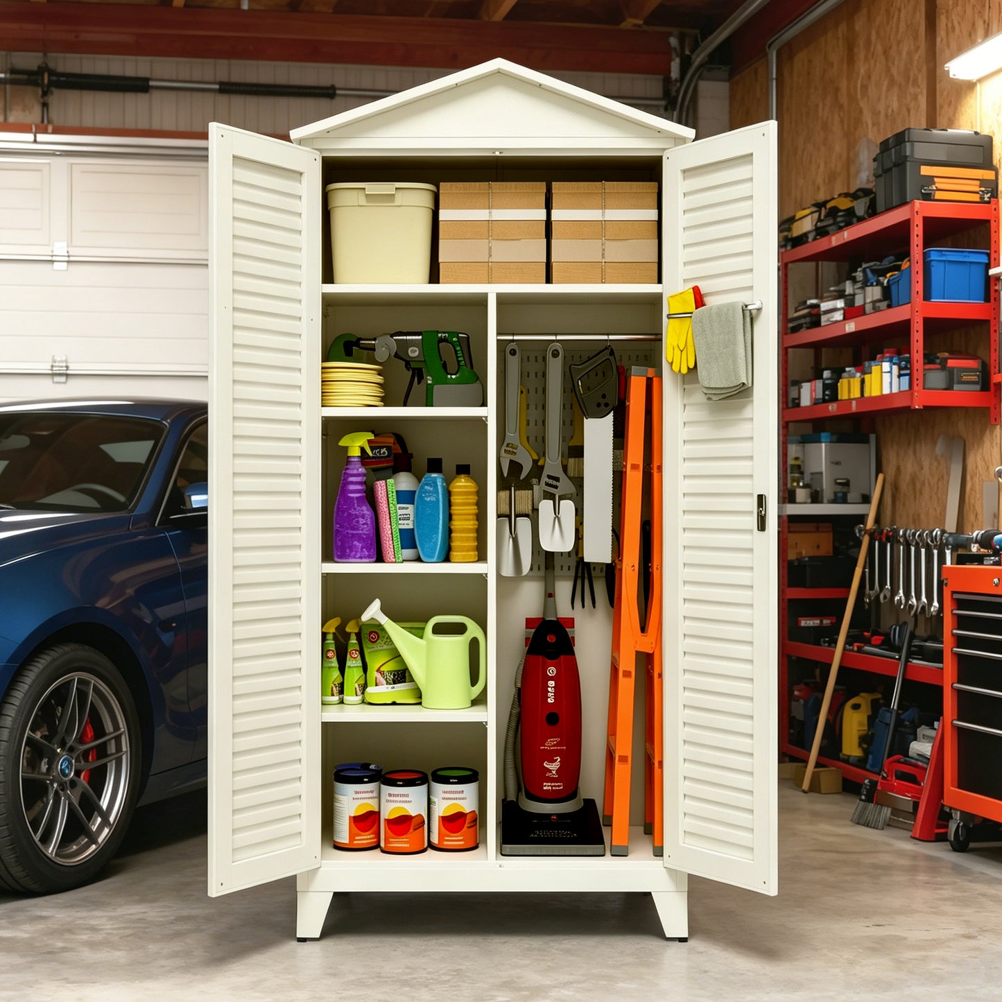 79-Inch Tall Metal Tool Storage Cabinet - Beige Steel Organizer