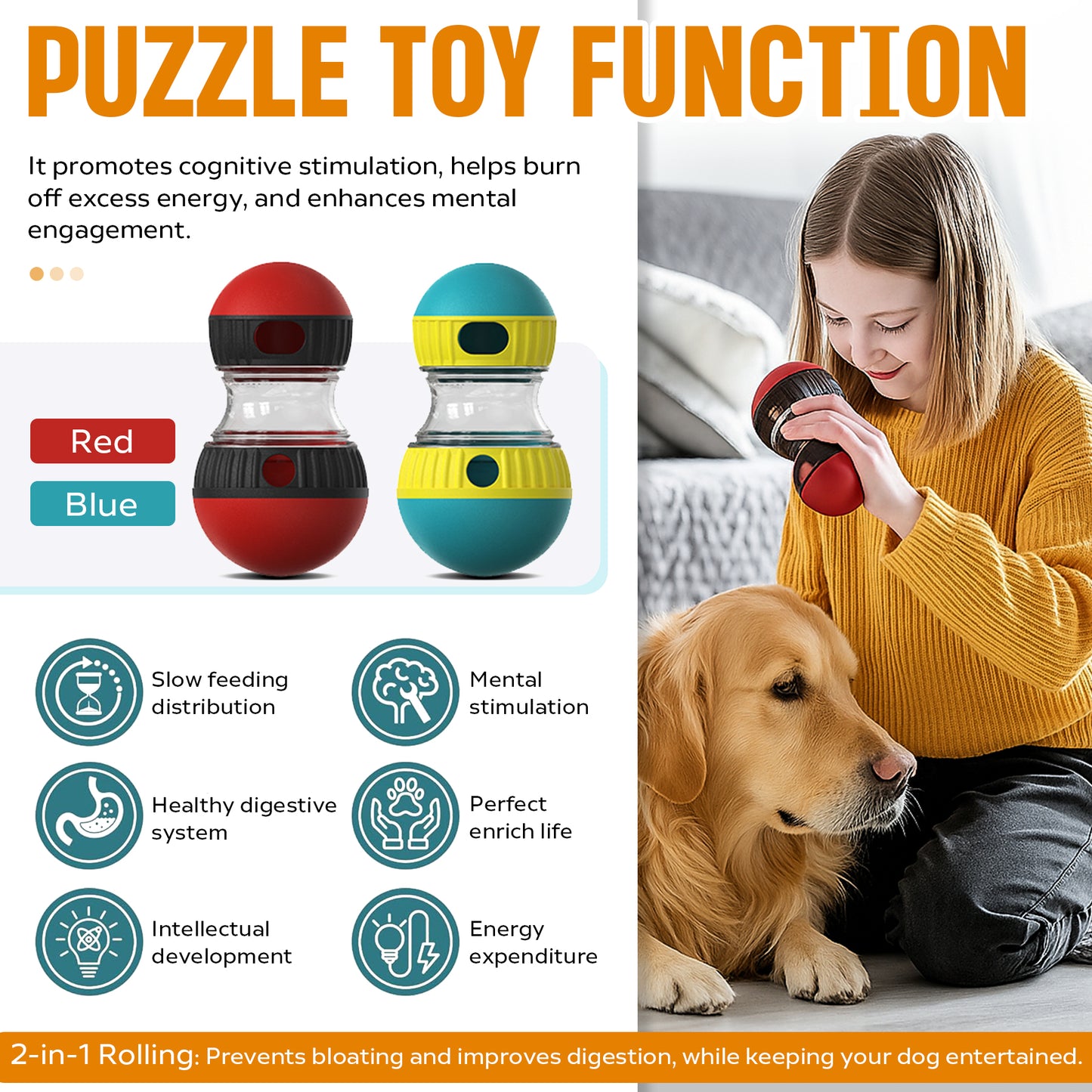 Dog Puzzle Toy with Treat Dispenser - Adjustable Slow Feeder & Interactive Chase Toy for Small to Large Dogs