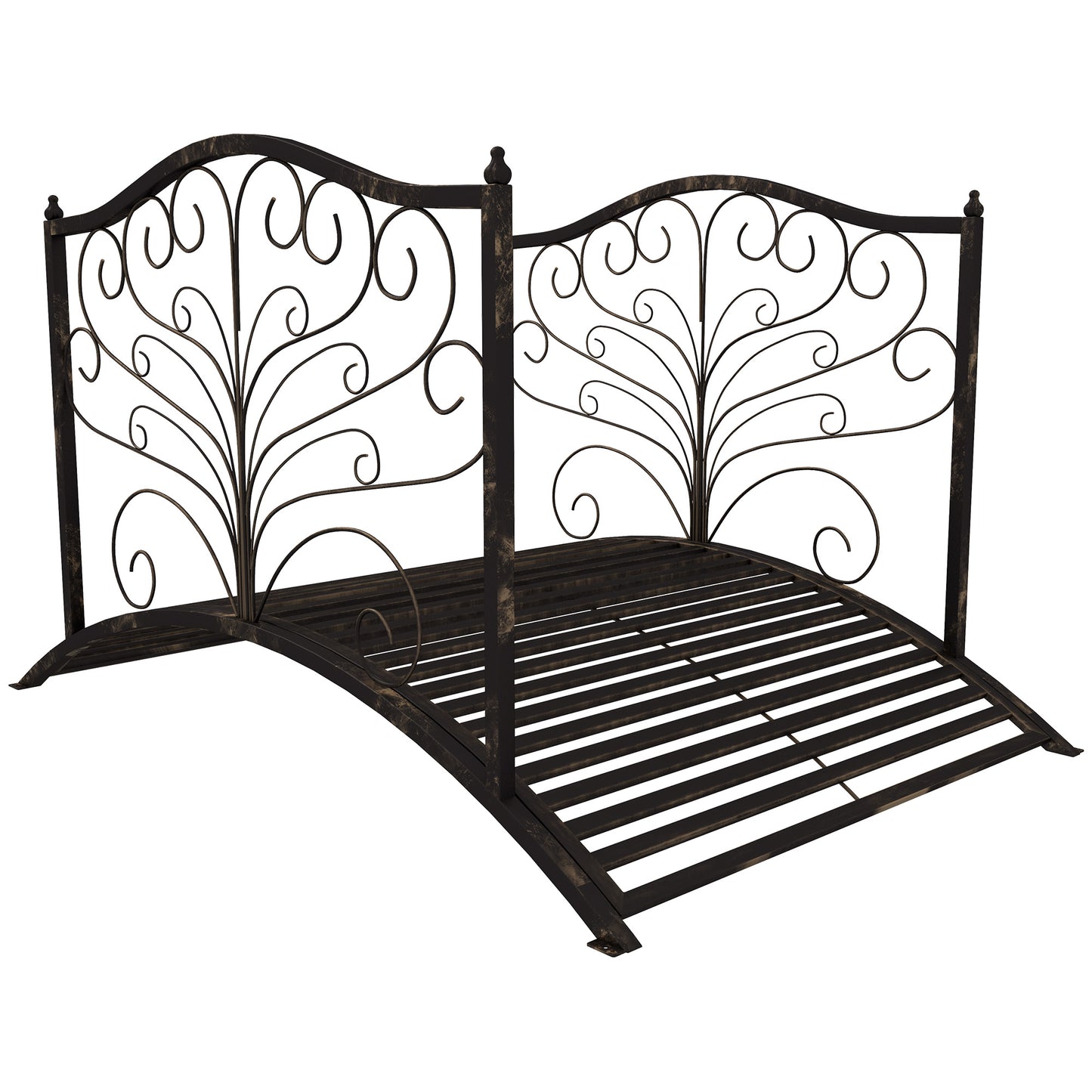 4-Foot Metal Garden Bridge with Scrollwork & Safety Siderails, Easy Assembly, Black or Bronze