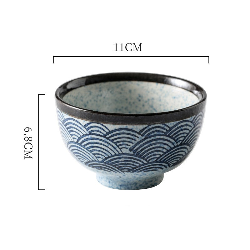 Cute Hand-Painted Porcelain Rice Bowl with Blue & White Sea Ripple Style