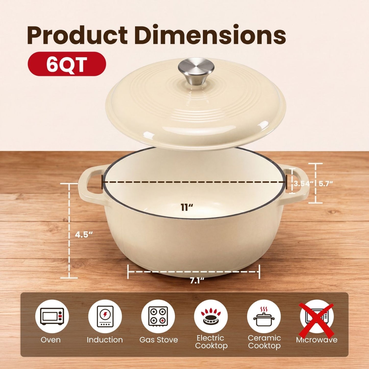6 Quart Enameled Cast Iron Dutch Oven with Moisture-Sealing Lid