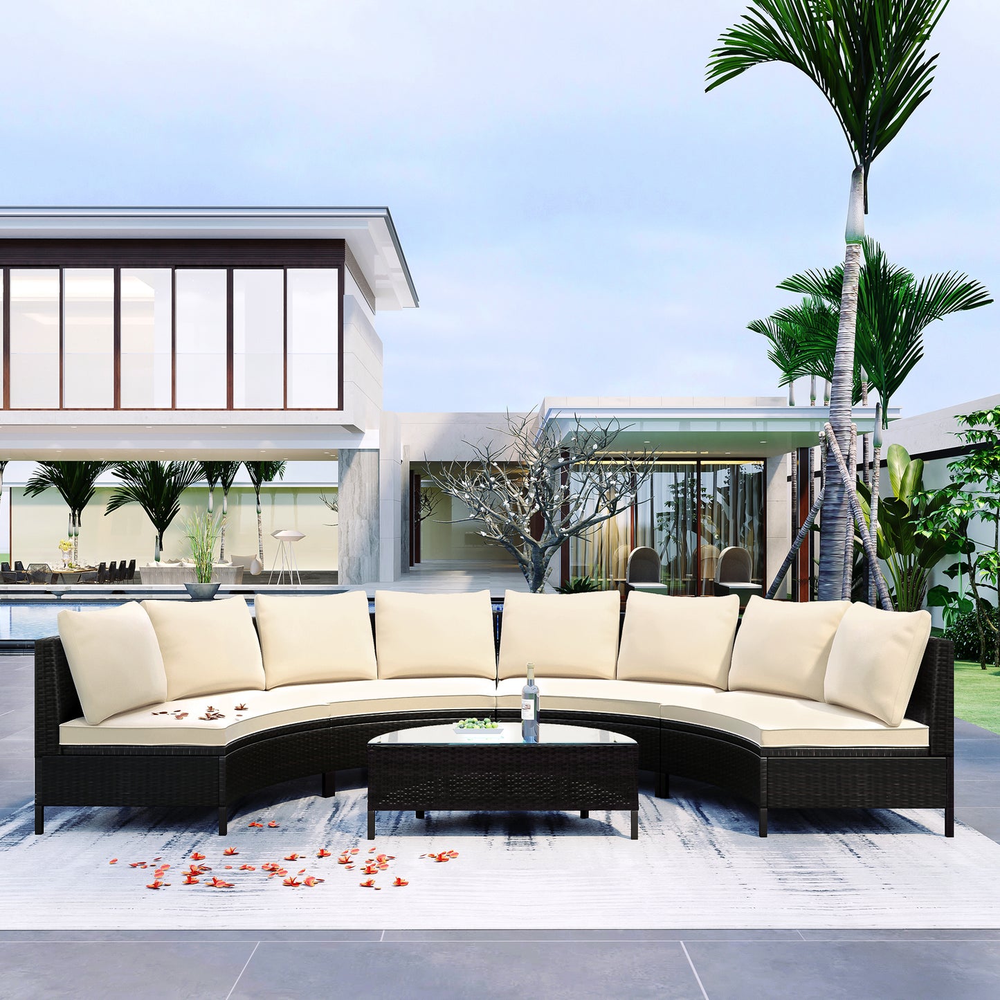 5-Piece Beige Rattan Wicker Patio Sofa Set with Glass Table