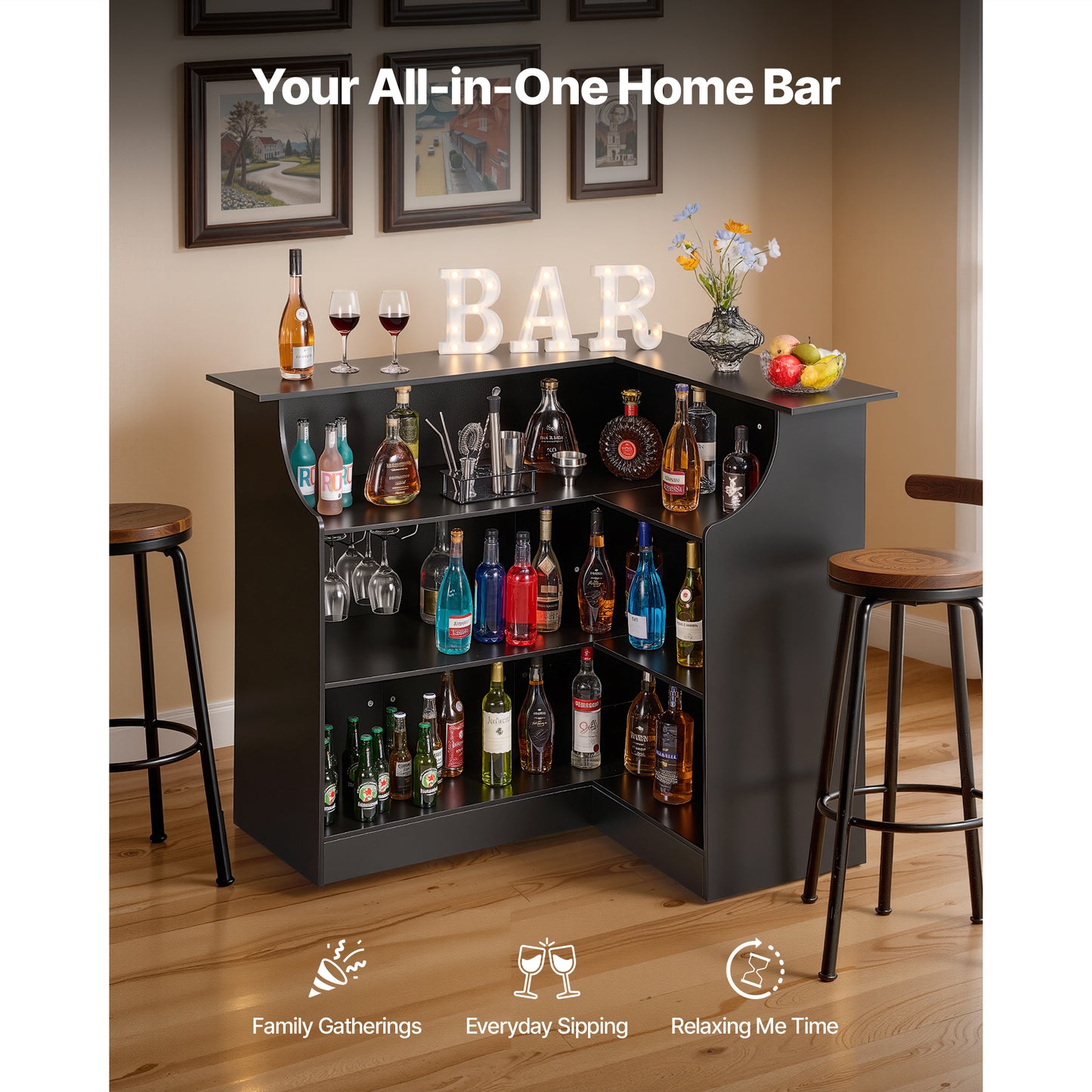 L-Shaped Wine Bar Cabinet with Storage Shelves and Glass Holder - Black