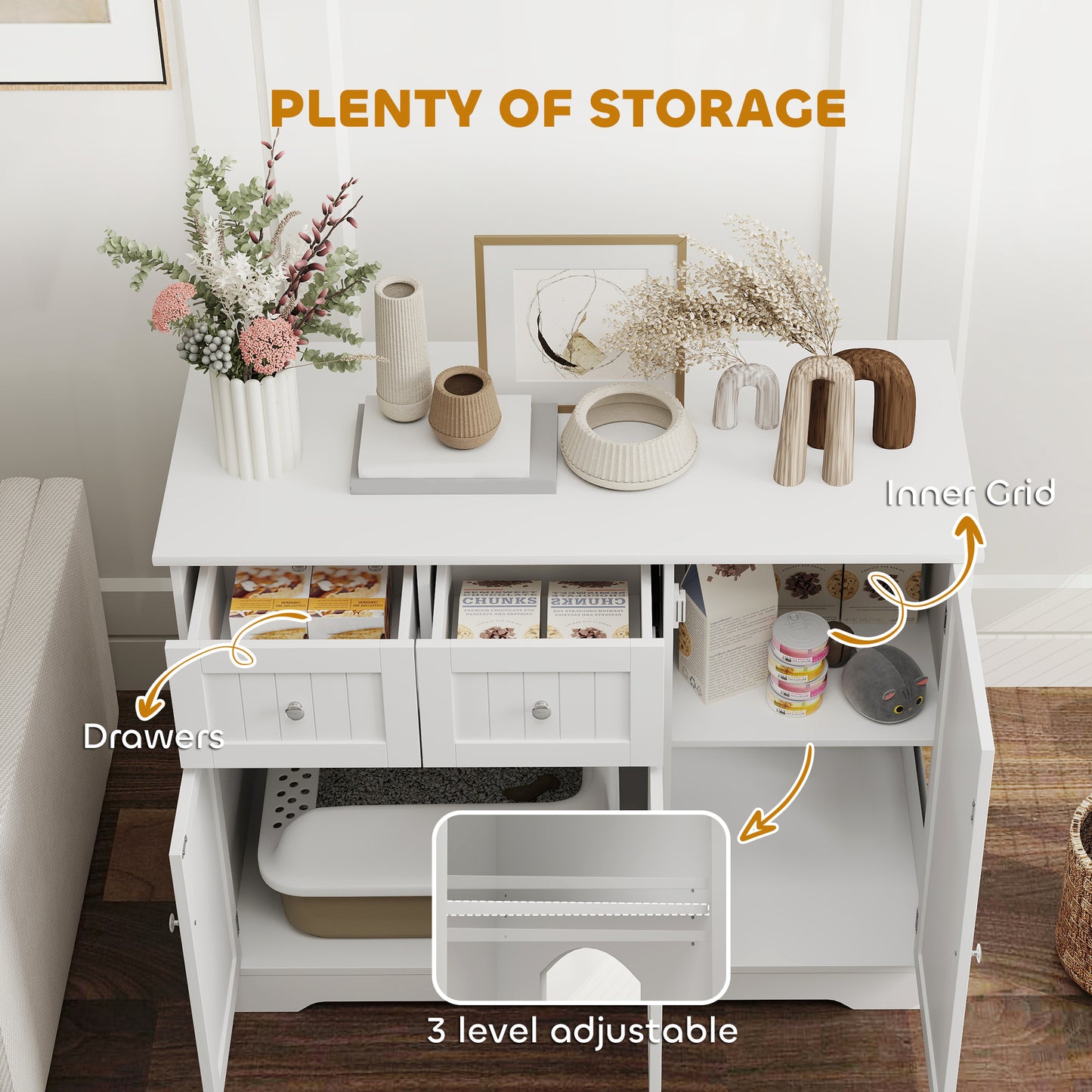 Cat Litter Box Enclosure with Drawers and Storage - White, 39 inch