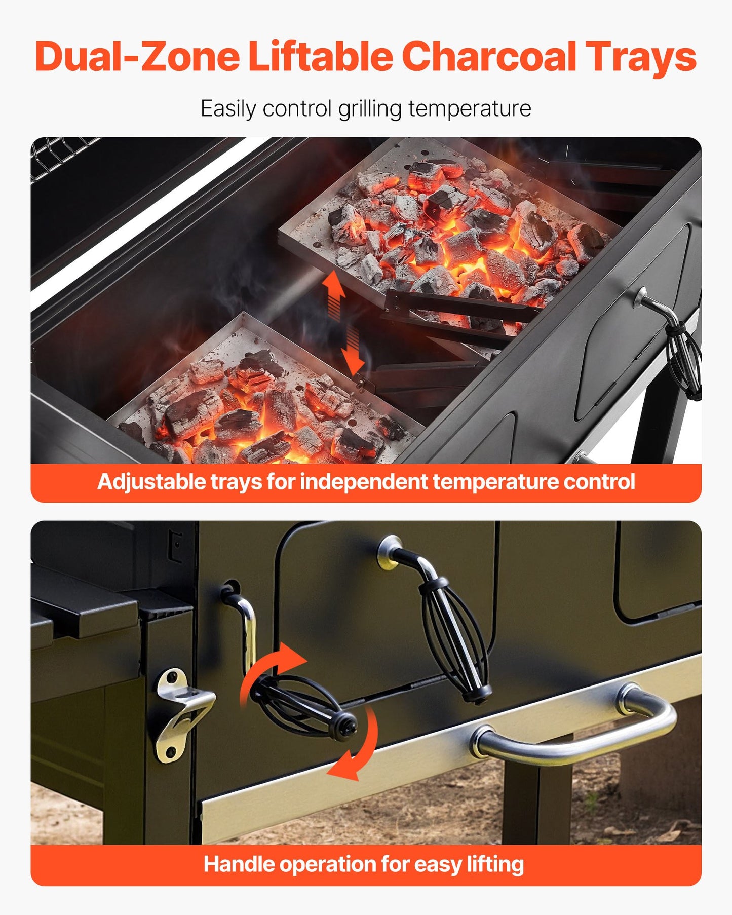 Large Charcoal Grill 780 Sq.in. with Liftable Trays & Folding Side Tables for Patio & Backyard