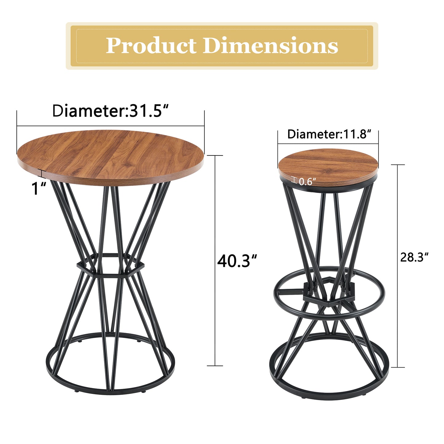 Single Package Bar, Table, Chair Set.31.5-inch Walnut Wood Grain MDF