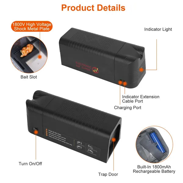 Electric Rat Trap - Rechargeable Rodent Zapper with 1800V Shock