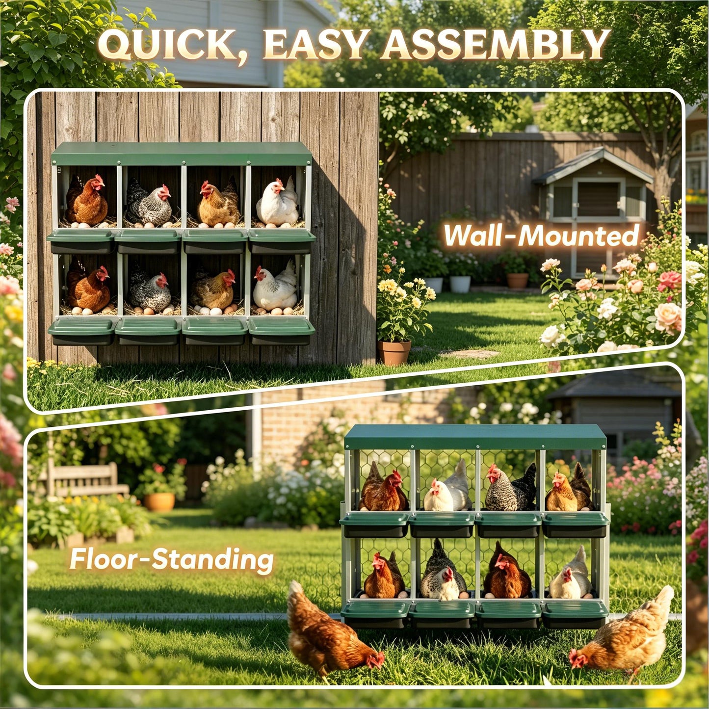 Chicken Nesting Boxes with 8 Ventilated Compartments - Black, Green, Silver
