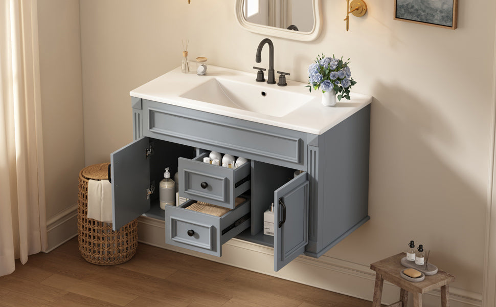 36-Inch Wall-Mounted Bathroom Vanity with Ceramic Sink - Gray