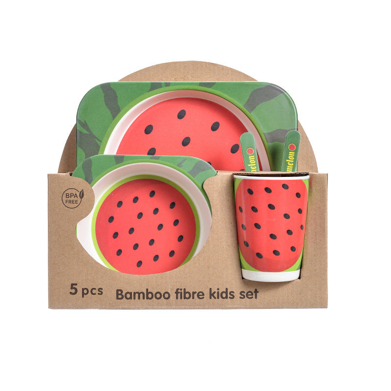 Baby Bamboo Tableware Set 5pcs - Cartoon Childrens Dinnerware for Kids