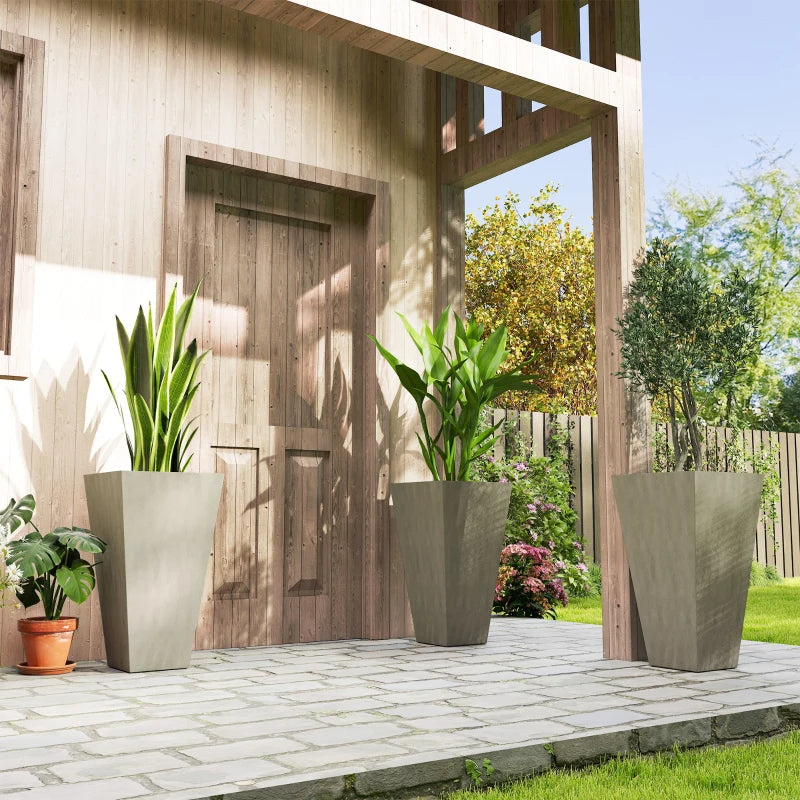 Set of 3 Tall Outdoor & Indoor Planters - 28 Inch Grey Tapered Pots with Drainage