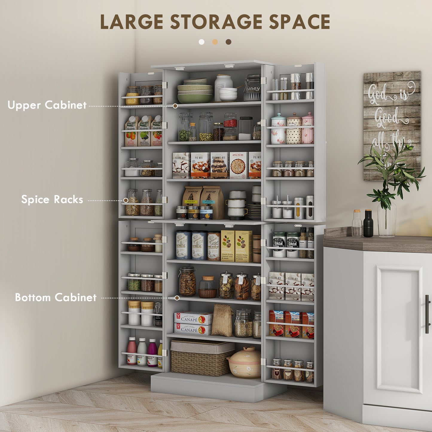 65" Kitchen Pantry Cabinet with 4 Doors and 16 Shelves - Gray