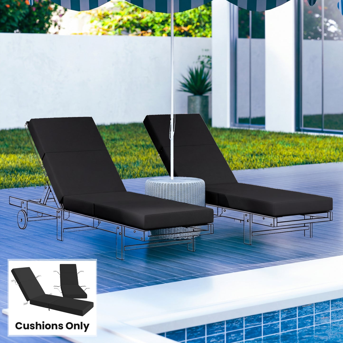 Outdoor Lounge Chair Cushions Set of 2 - 4" Thick, Gray