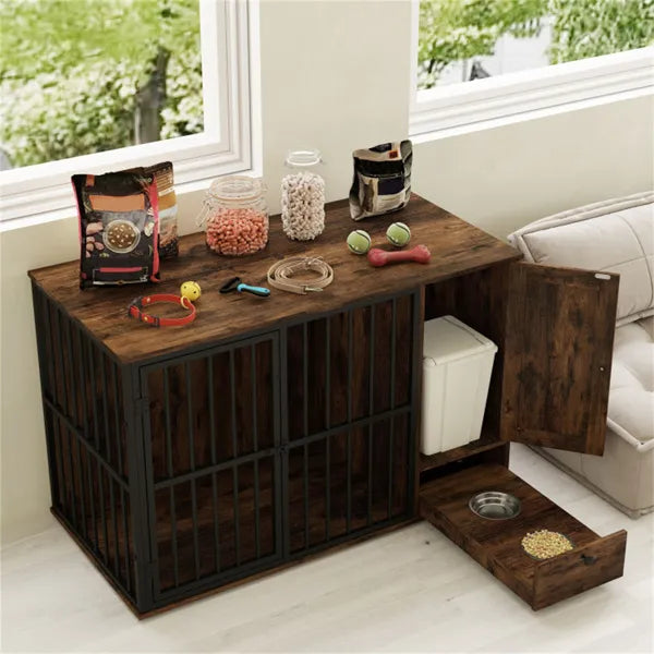 2-in-1 Dog Crate End Table with Pull-Out Feeder - Chew-Resistant Metal Pet Furniture