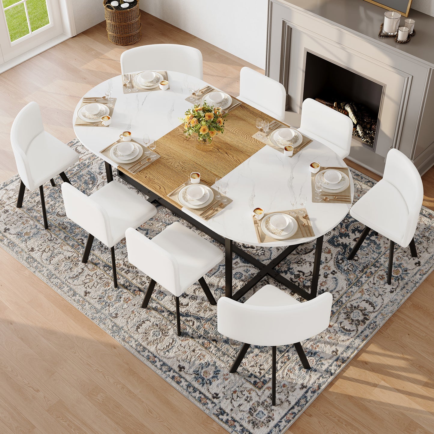 9-Piece Oval Dining Table Set, Fixed White Faux Marble & Wood Grain