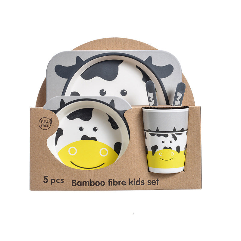 Baby Bamboo Tableware Set 5pcs - Cartoon Childrens Dinnerware for Kids