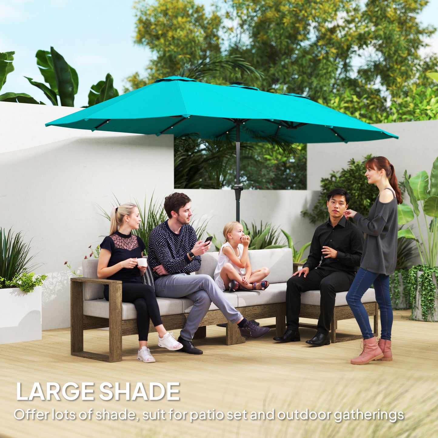 13ft Double-Sided Patio Umbrella with Solar Lights - Blue