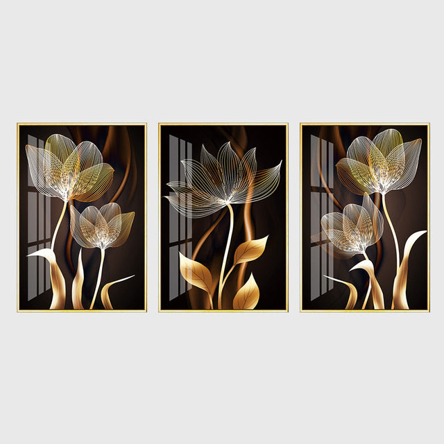 Gold Wall Art Painting Set - Modern Floral Canvas Decorations for Living Room