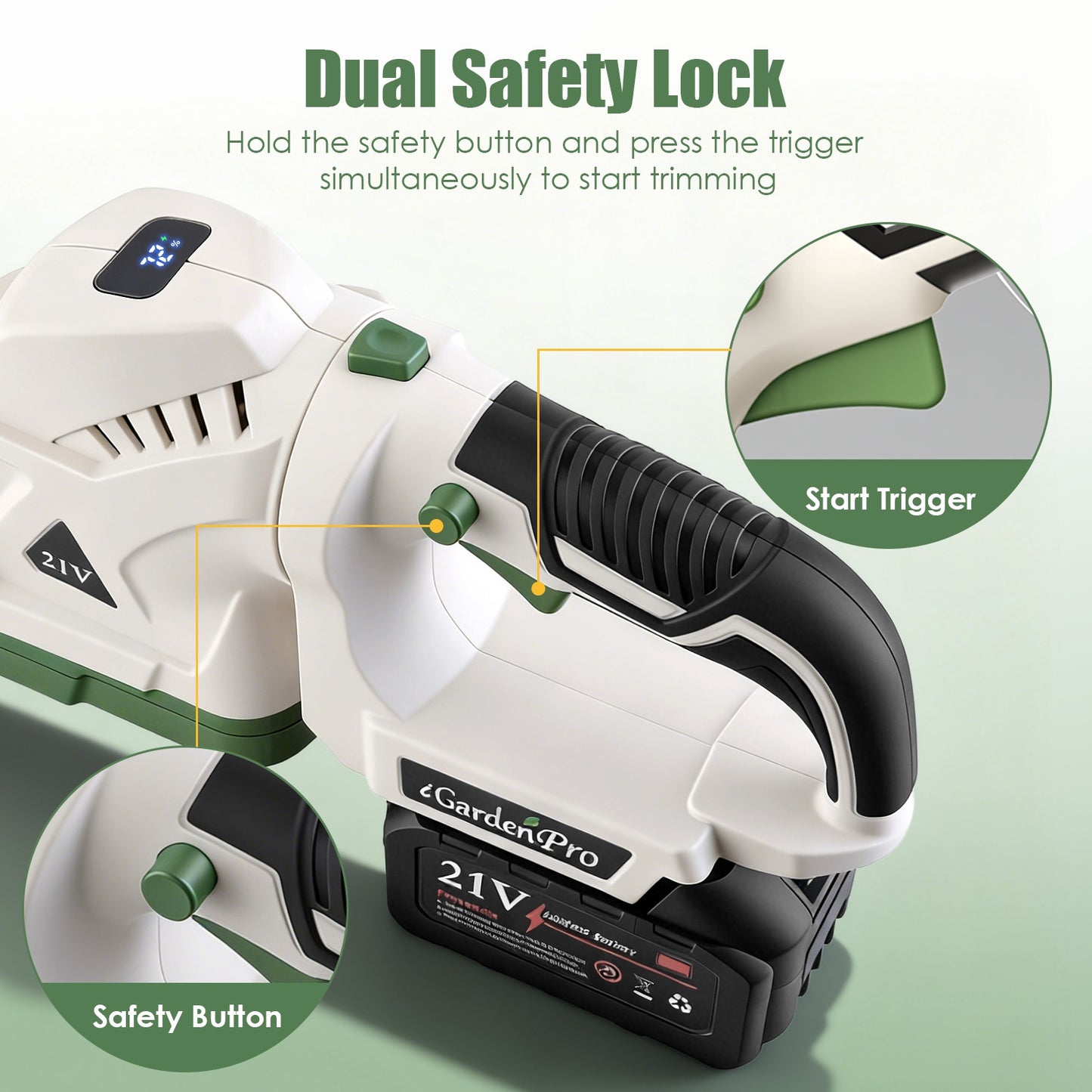 Cordless Hedge Trimmer 21V with Dual Action Blades & Adjustable Handle