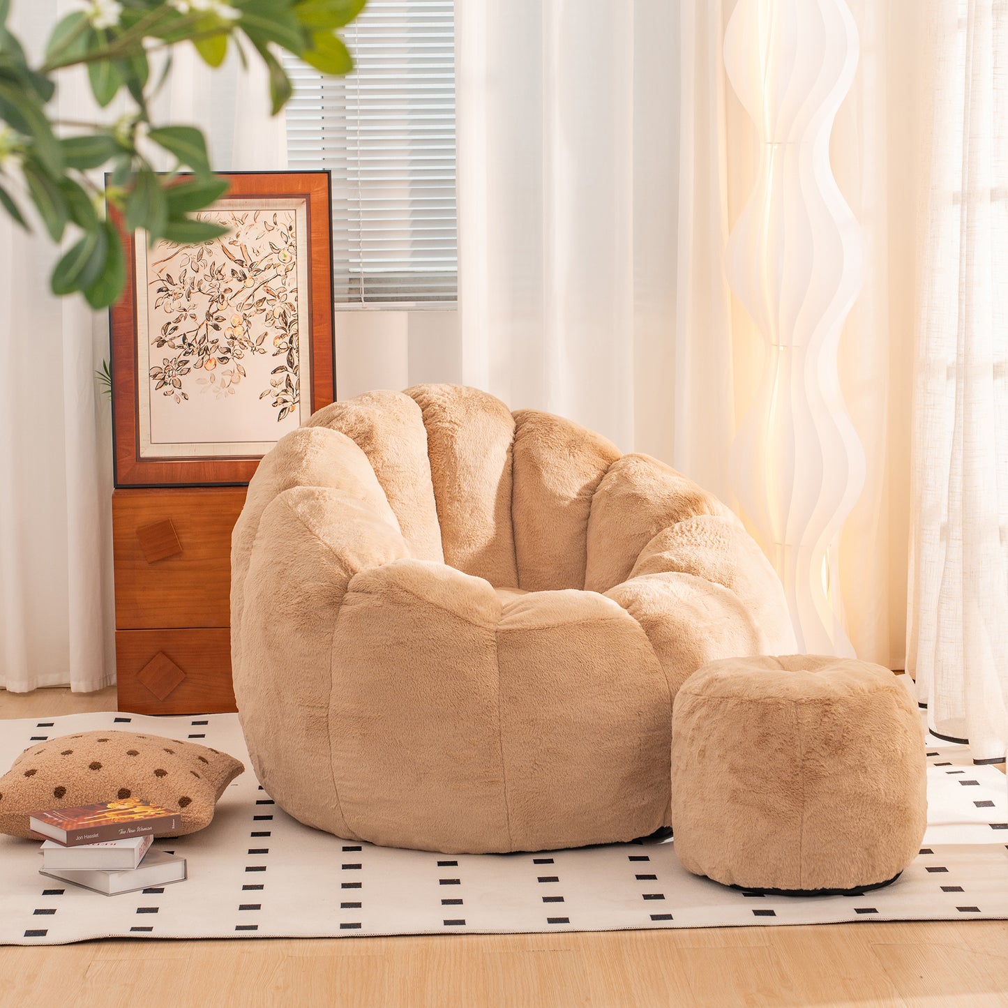 Oversized Faux Fur Bean Bag Chair - Khaki Plush Sofa for Gaming