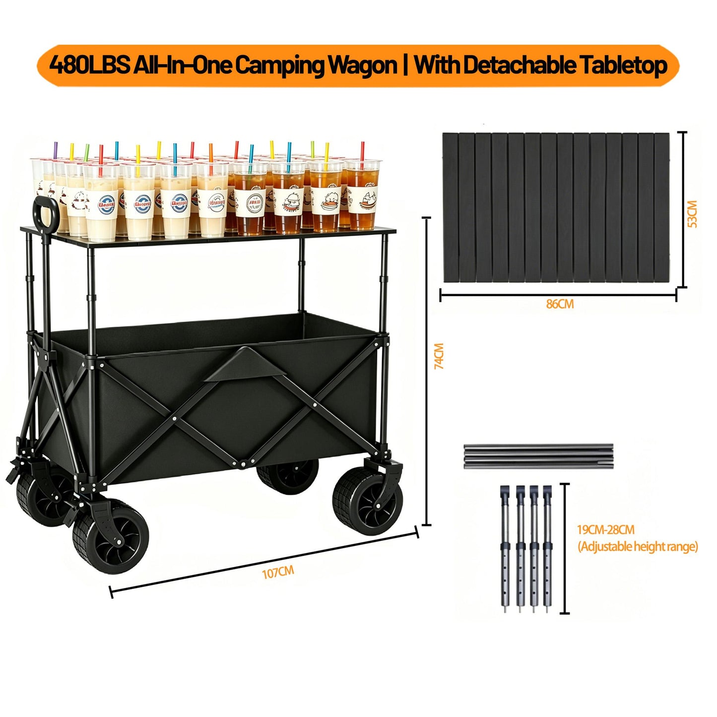 Foldable Camping Cart with Removable Tabletop & All-Terrain Wheels