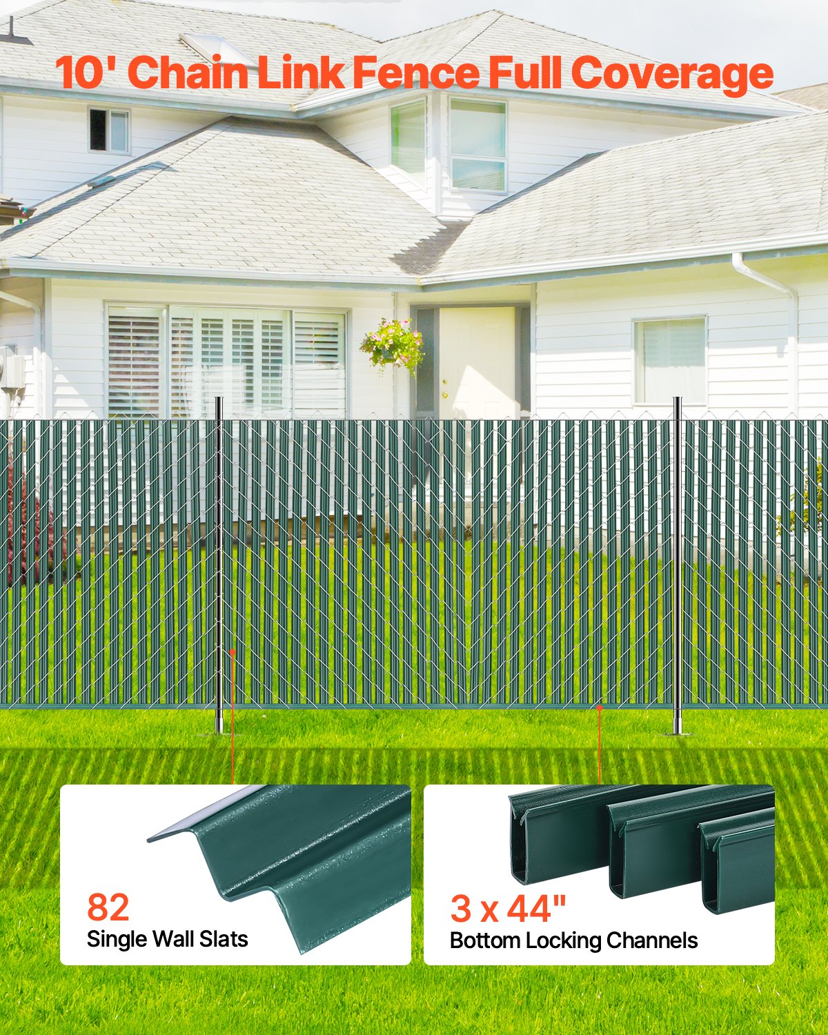 Green Chain Link Fence Privacy Slats - Bottom Lock, 44.5 Inch for 4' High Fences