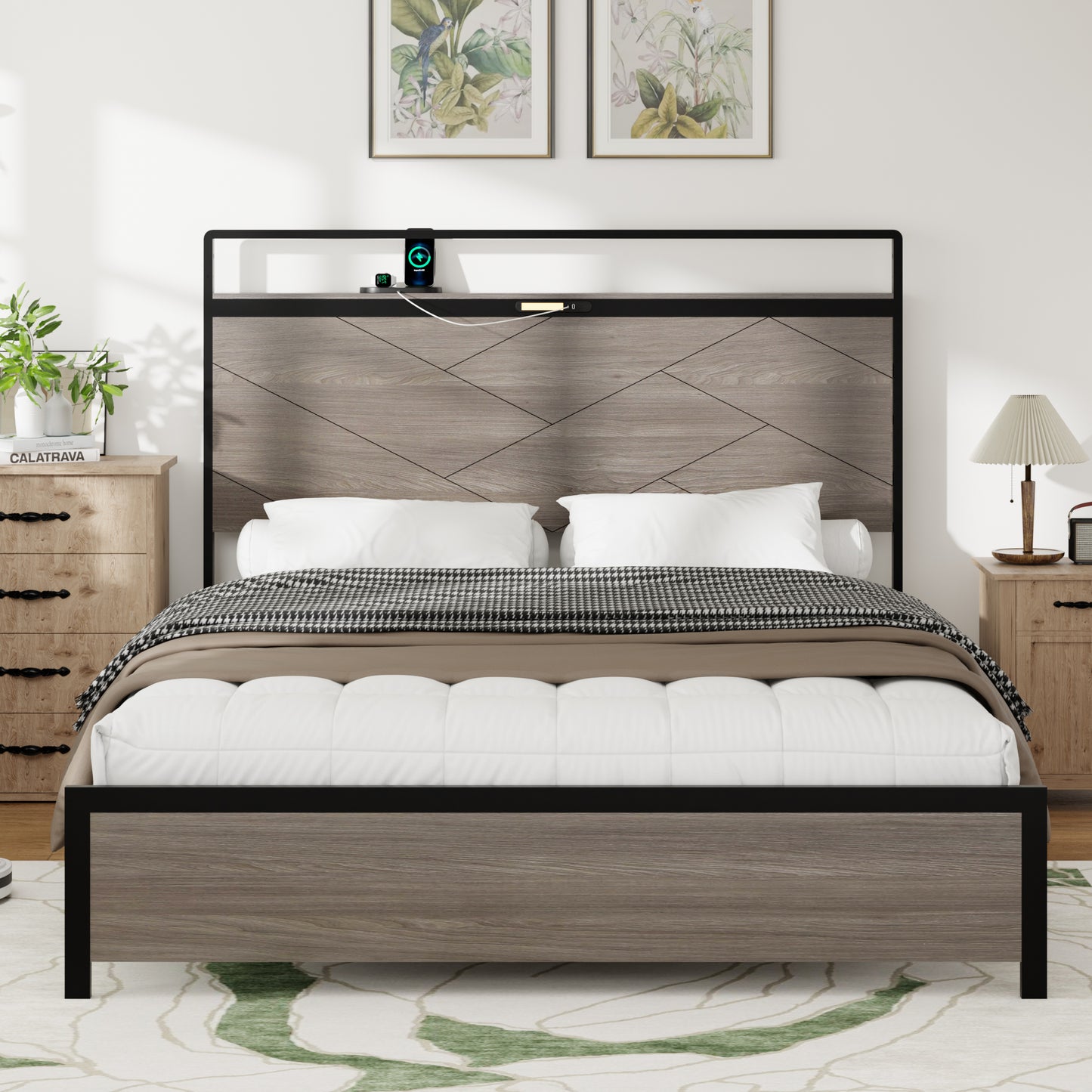 Full Metal Bed Frame with LED Headboard & USB Charging - Antique Gray