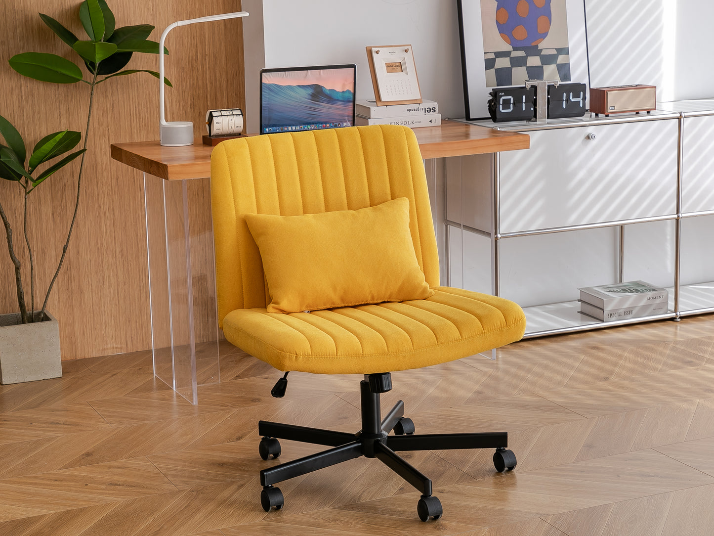 Yellow Linen Criss Cross Office Chair with Wheels - Ergonomic Design