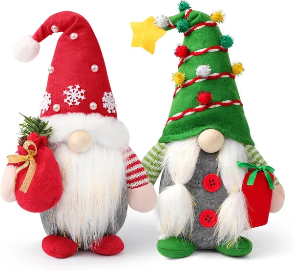 Set of 2 Christmas Gnome Plush Decorations - Red & Green